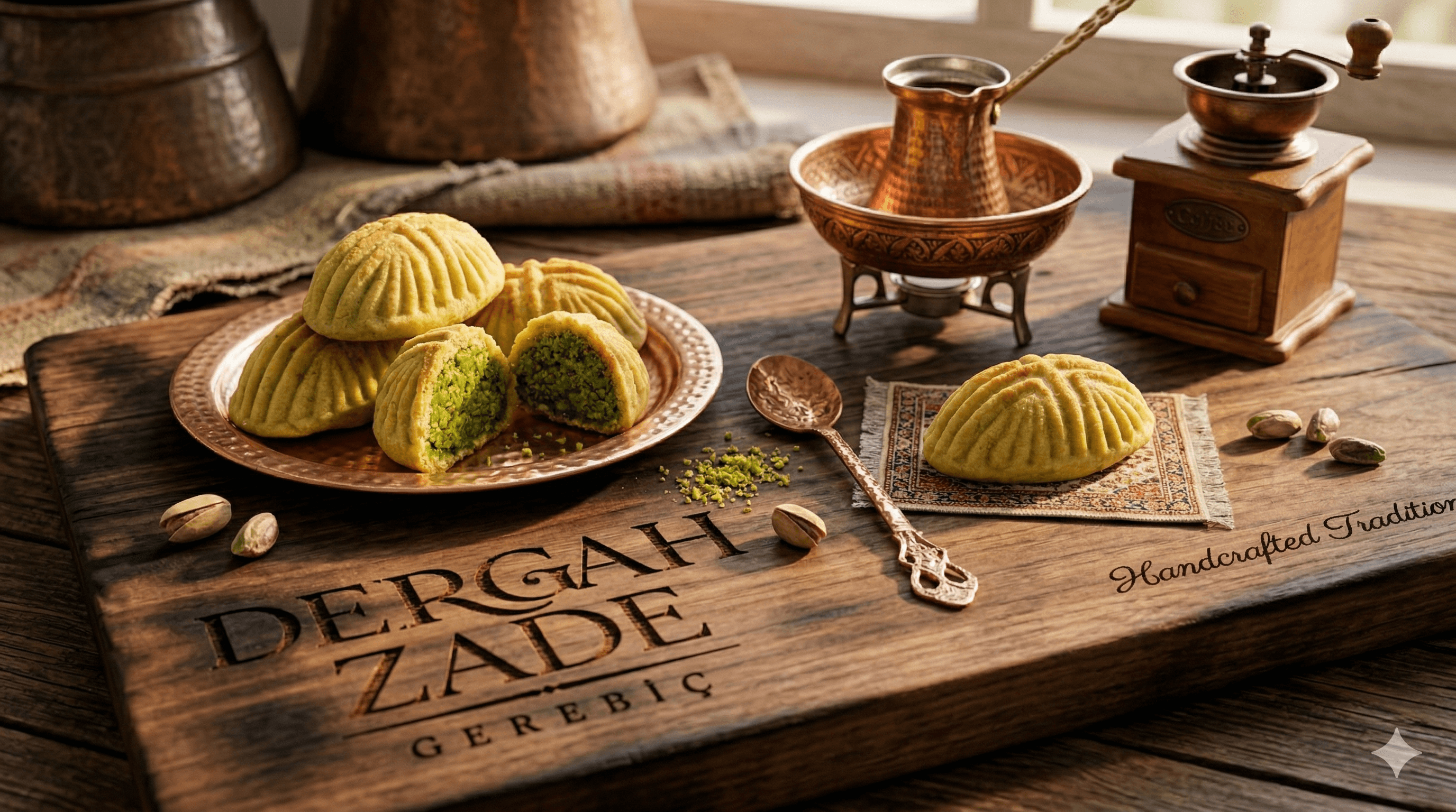 Dergahzade Gerebiç — fıstıklı geleneksel Kilis tatlısı, bakır tepside